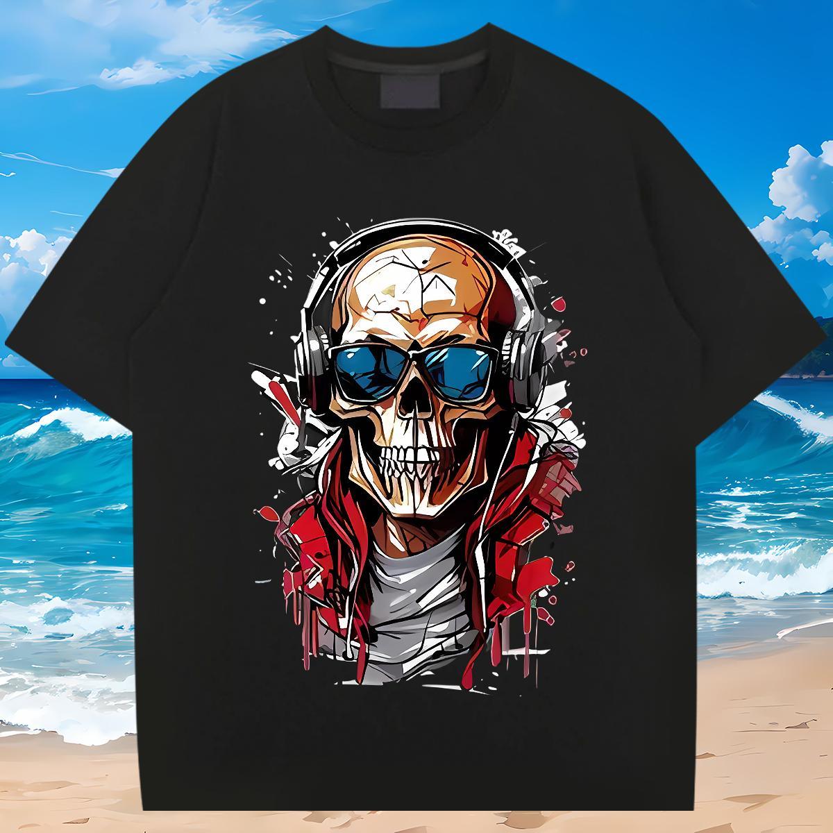 Soft T Shirts Men 230g Pure Cotton skull Sports Casual Cartoon Print Crew Neck Men Tees Factory Direct Tees Shirts