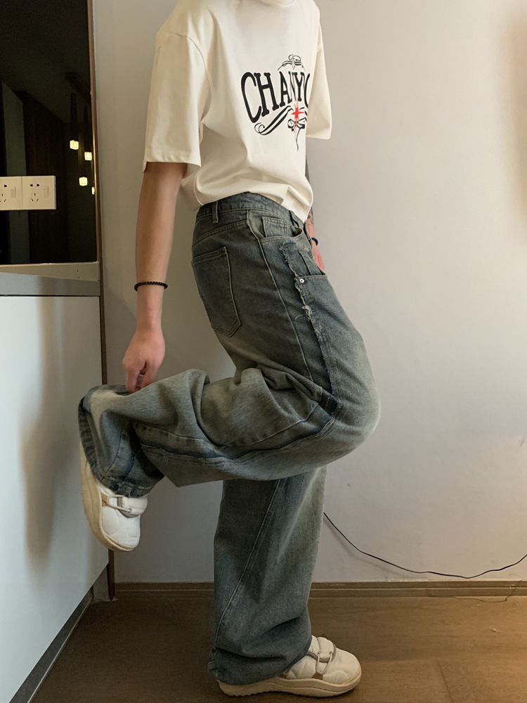 Fashionable Double Waisted Pants with Large Pant Legs Loose Jeans for Men in Summer New Embroidered Casual Versatile Denim Pants Trendy