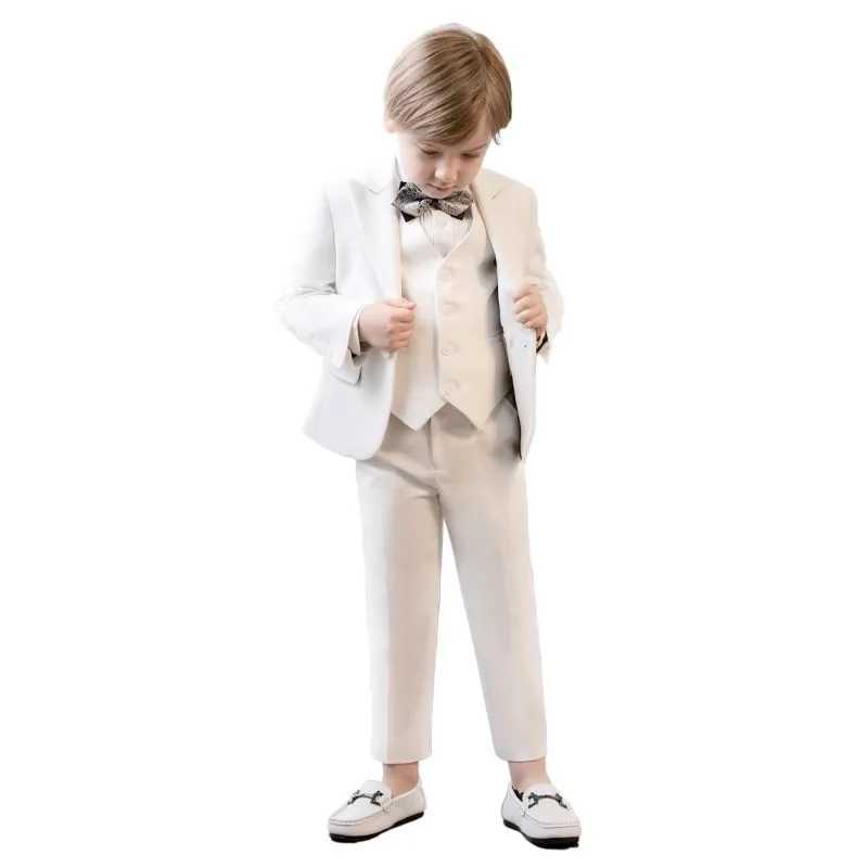 Flower Boy White Baptist Party Dress Childrens Jacket Vest Pants 3PS Ceremony Photography Set Childrens Piano Performance Costume W240823