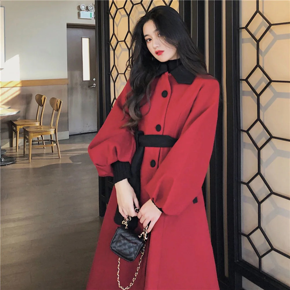 Autumn Winter Wool Jackets For Women French Retro Red Literary Court Ladies Mid-length Lantern Sleeve Faux Woolen Coats 240822