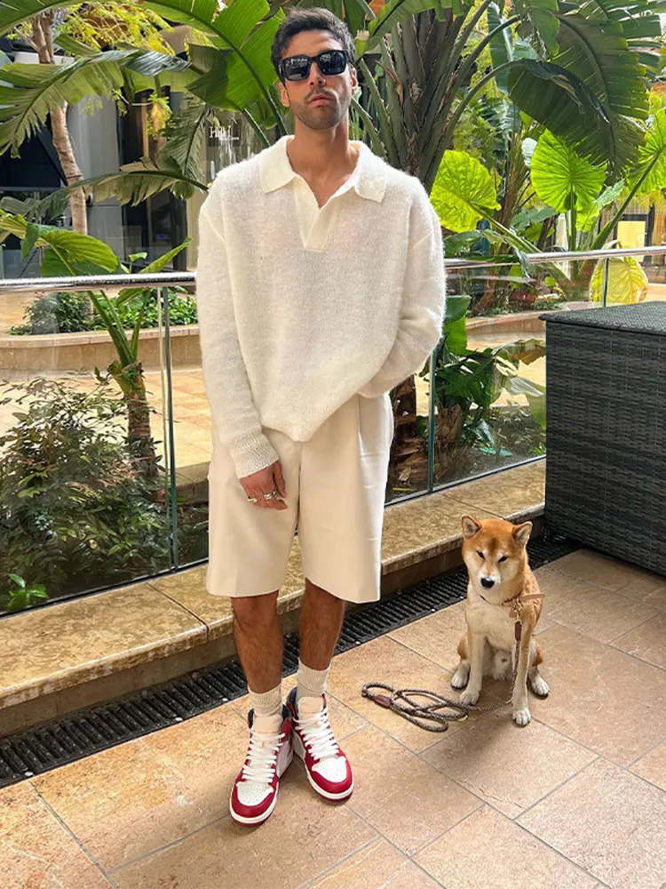 Fashionable solid mens polo knitted sweater autumn oversized lapel top casual street thin pull jumper 240822