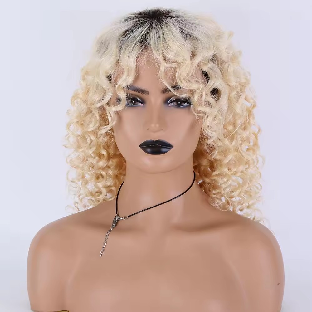 Brazilian Blonde 13x4 Human Hair Wigs With A Bang dark roots Ombre blond 613 virgin Hair Long Wigs With Bangs For Black Women