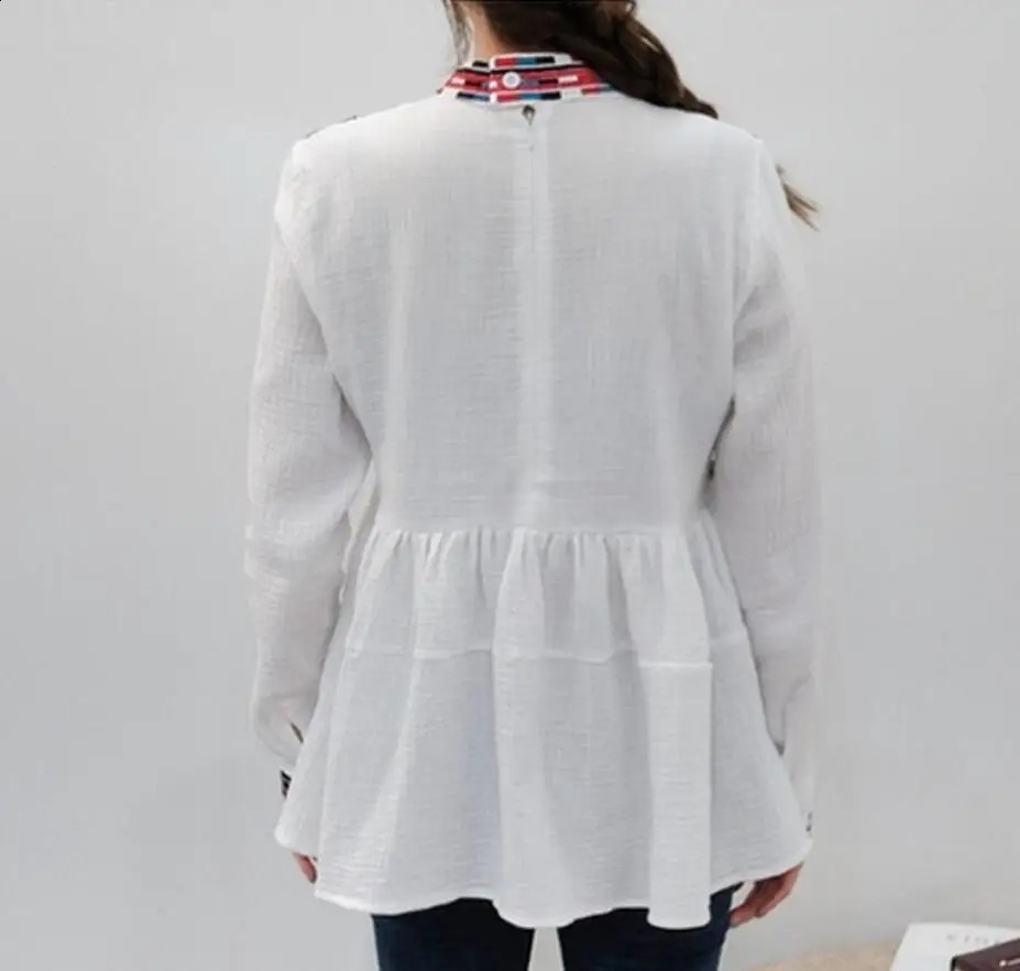 Ethnic embroidery shirt for women spring and autumn standing collar long sleeved casual top S1111 240822