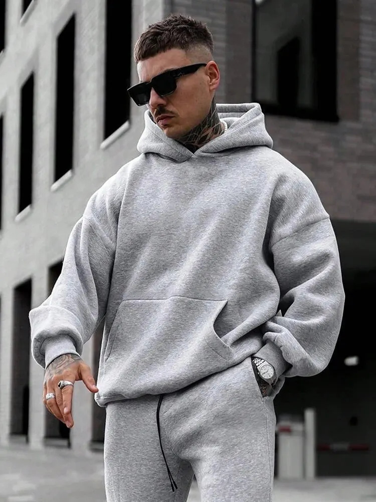 Mens casual fashion trend retro solid color long sleeved hoodie 240822