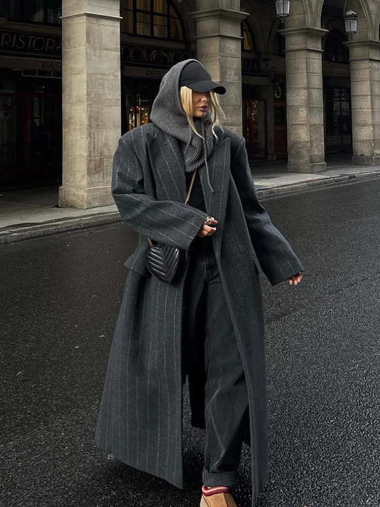Fashion Dark Grey Stripe Woolen Lapel Overcoats Women Chic Long Sleeve Loose Long Coats 2024 Autumn Winter Ladies Commute Jacket 240823