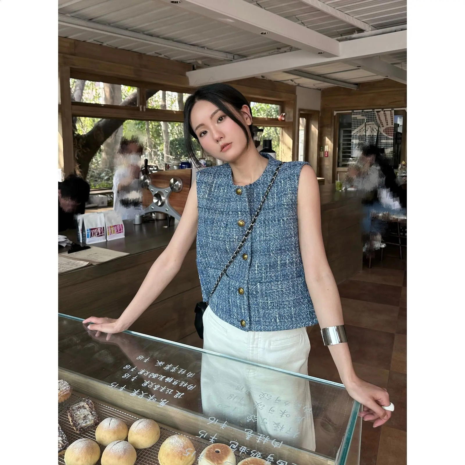 Summer Women Tweed Vest Tops Coat Fashion Streetwear Blue Small Fragrant Wind Vests Jackets Undershirt Outwear Clothing 240823