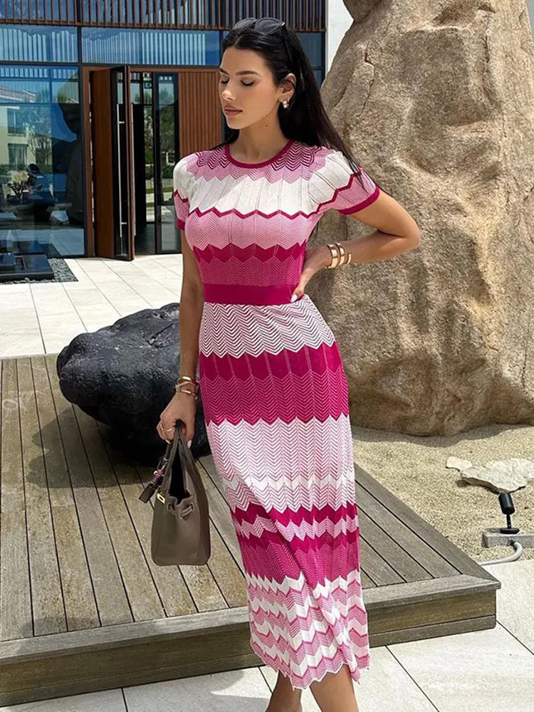 Women Elegant Contrast Knitted Slim Maxi Dress Round Neck Short Sleeve Dresses Lady Vacation Casual Street Vestido Red White 240822