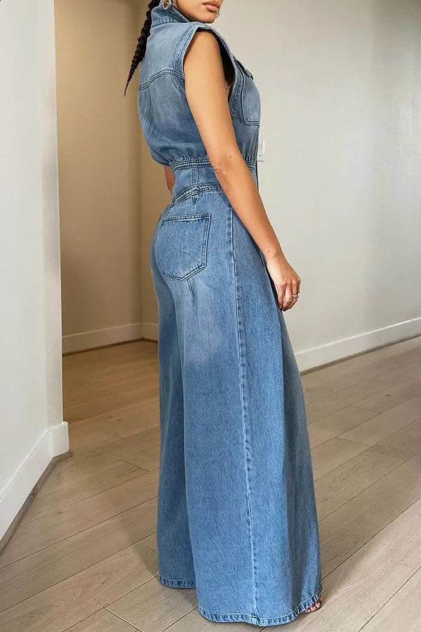 Jumpsuits Women One Piece Denim Jeans Overalls Sleeveless High Waist Turn Down Collar Wide Leg Long Pants Rompers Summer 240822