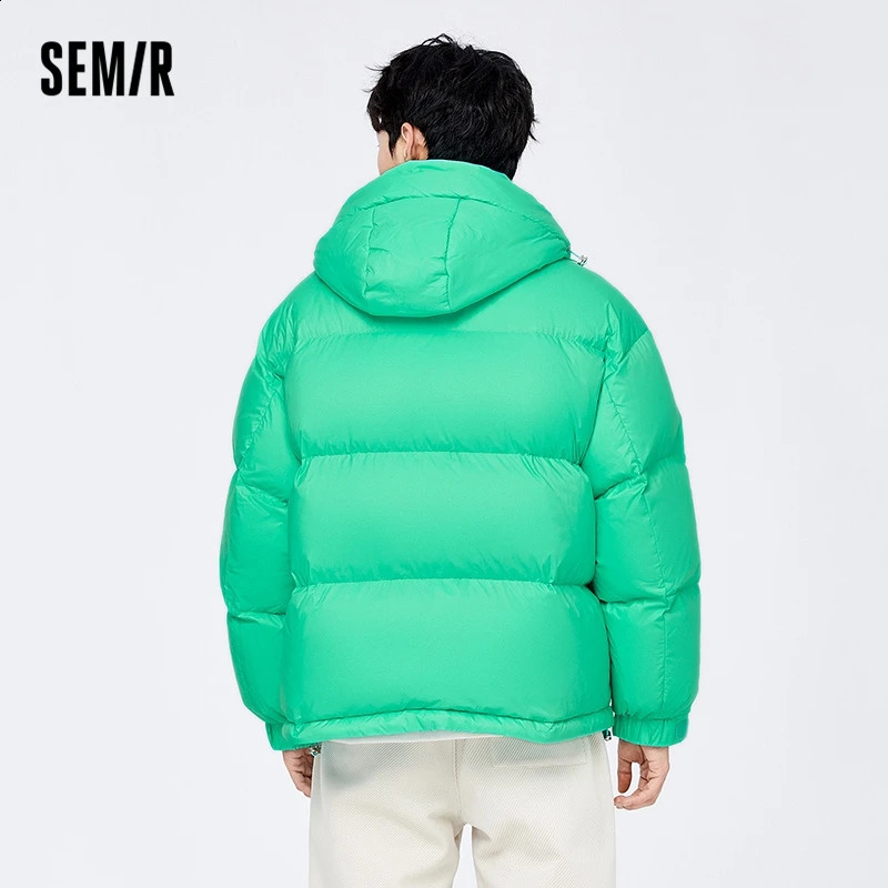 Mens semi down jacket winter warm and comfortable simple solid color casual hooded trend 240822