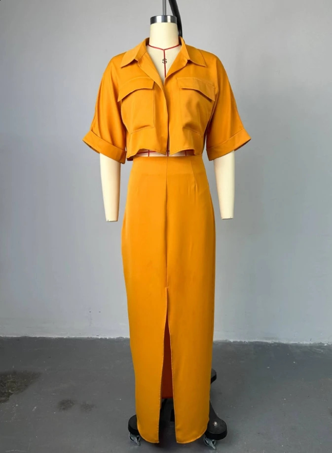Fresh Style Two Piece Set for Women Summer Medium Length Skirt Buttons Lapel Short Shirt Top Split Hip Skirt Suit Skirt Set 240823