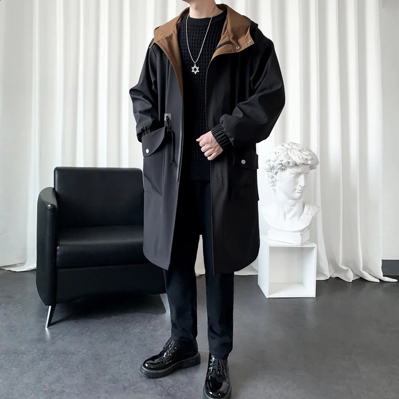 Autumn Trench Coat Men Windbreaker Hooded Jackets Harajuku Pocket Overcoat Men Clothing Outerwear Fashion Streetwear 240822
