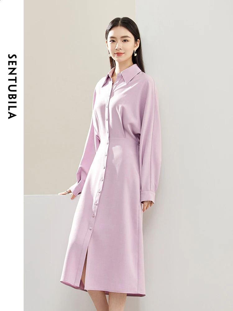SENTUBILA Batwing Sleeve Shirt Dress for Women Autumn Elegant Fashion Elastic Waist Button Down Midi Dresses Lady 141L53441 240822
