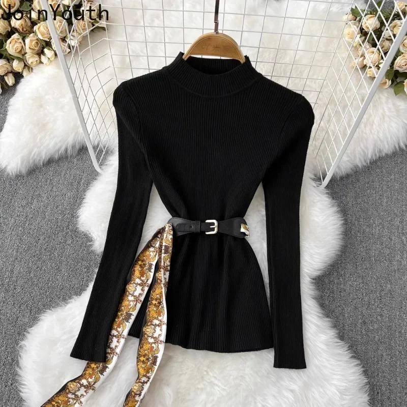 Temperament Outfits Korean Two Piece Sets Women Clothing Stand Neck Tunic Knitted Pullovers High Waist Floral Pleated Skirt Suit 240823