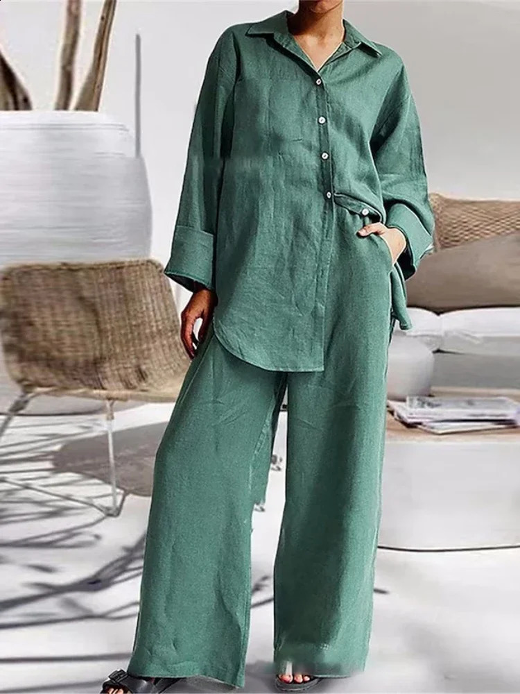 2024 Summer Womens Solid Color New Set Cotton Hemp Rope Collar Fashion Long Sleeve Shirt High Waist Wide Leg Pants Two Piece Set 240823