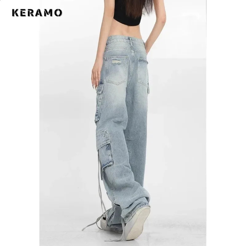 Casual High Waist High Street Style Blue Straight Jeans Vintage Pockets Lace-up Pants Womens Wide Leg Baggy Y2K Denim Trouser 240822