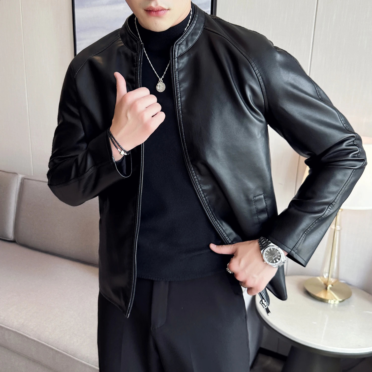 Male Stand Collar Motor Slim Multi Pockets Jackets Male Vintage Classic Leather Jacket Mens Jacket Solid Colors Leather Jackets 240822