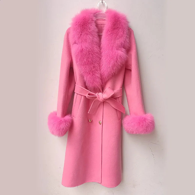 Long Women Wool Blended Coat With Big Real Fox Fur Collar Fashion Slim Winter Wool Jacket With Belt Outwear With Fox Fur Cuff 240822