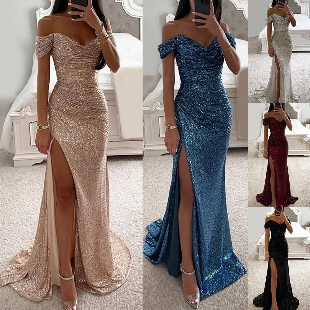 Party Womens Prom Dress Sequin Long Bodycon Maxi Dress Short Sleeve Floor Length Formal Party Sexy Dress Off Shoulder 240823