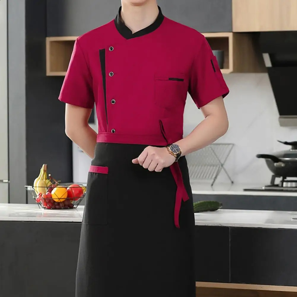 Sweat-wicking Chef Shirt el Kitchen Chef Uniform Set Hat Apron Shirt Unisex Stand Collar Short Sleeve Single-breasted 240814