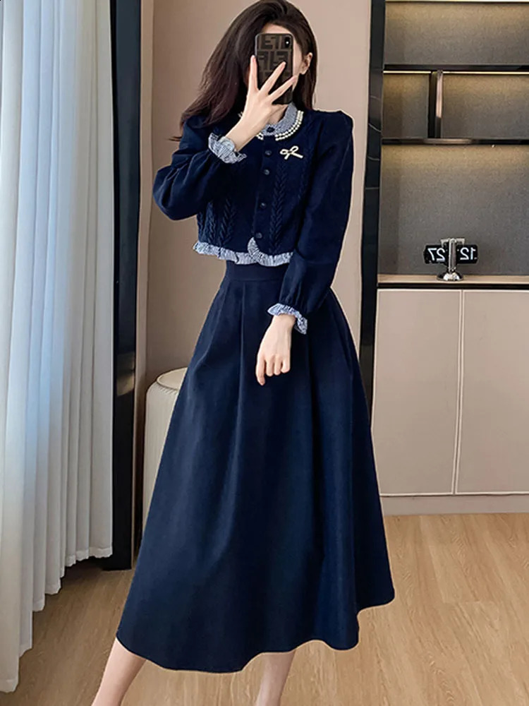 Autumn Fashion Two Pieces Set Korean Women Vintage Ruffles Knitted splicing Shirt Top A-Line Midi Skirts Elegant Outfits 240823