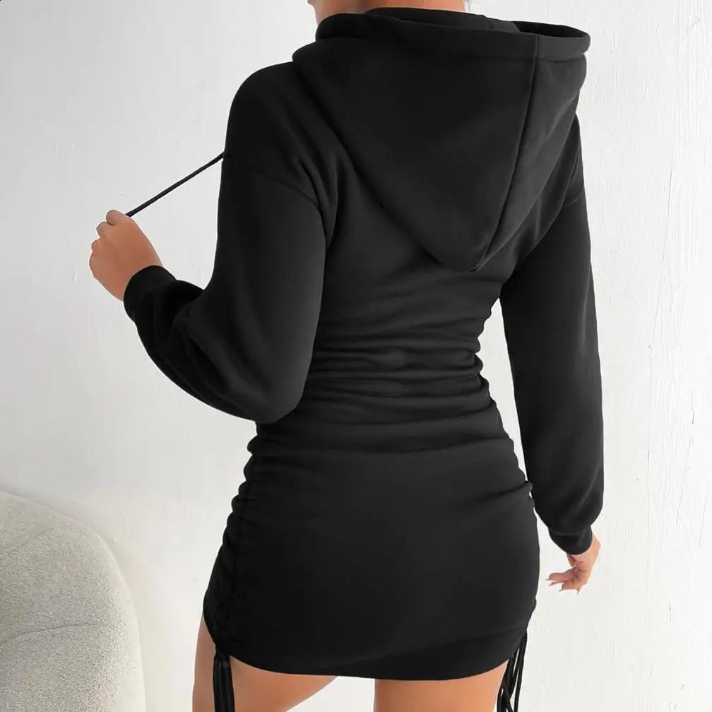 DZ-DZ Women Sexy Hoodies Dress Casual Fleece Drawstring Oversized Long Sleeve Drop Shoulder Ruched Hooded Bodycon Mini Dress 240823