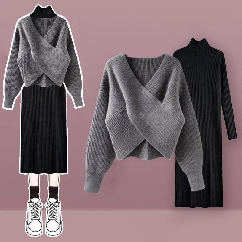 Solid V-neck Sweater Dress Women Autumn Suit Women Korean Fashion Red Sweater Mid-length Knitted Skirt Two-piece Set 240823
