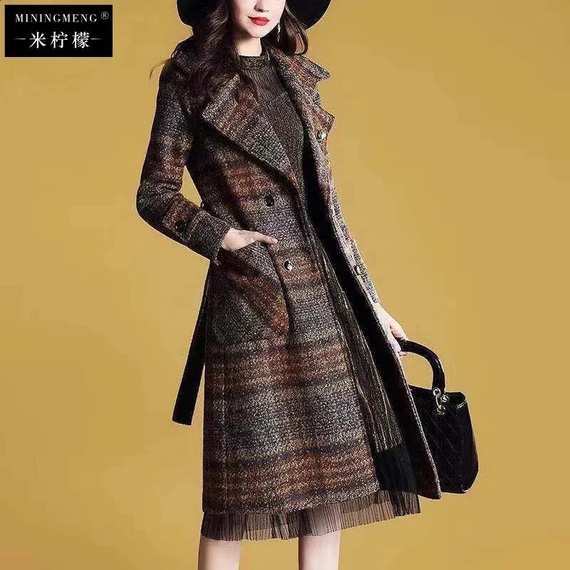 Women Lattice Woolen Coat Mid-length Korean Woolen Jacket Female Winter Loose Thick Profile Small Woolen Coat Belt A819 240822