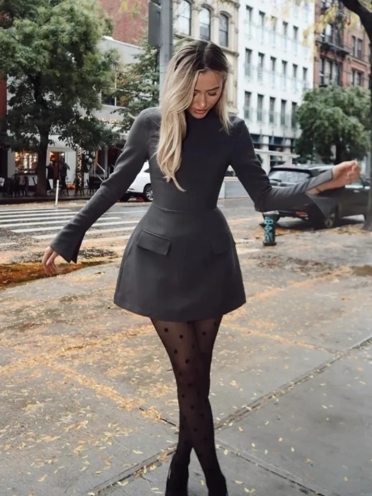 Fashion Long Sleeve Pocket Mini Dress for Women Slim Half High Collar O-neck Party Dresses Spring Fashion Female Syreetwear 240823
