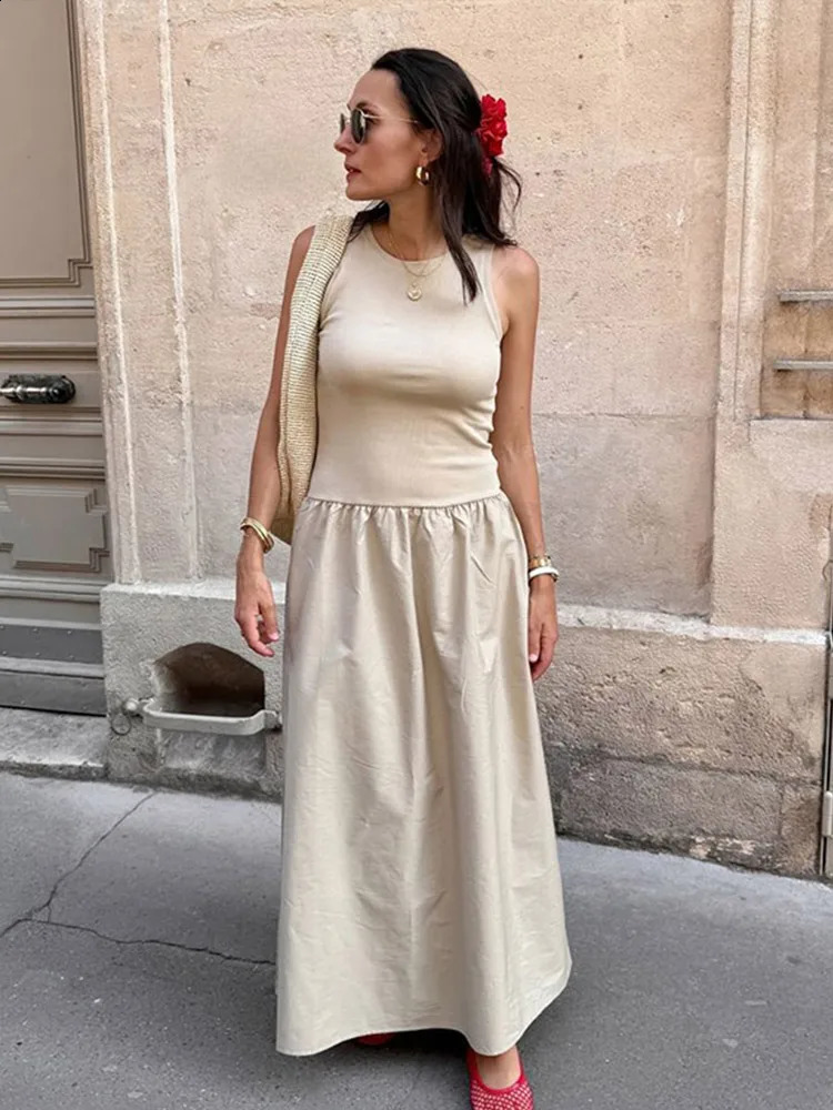 Loose Patchwork Pleated Long Dress Women Slim O-neck Sleeveless Female Empire Dresses Autumn Fashion Lady Holiday Robes 240822