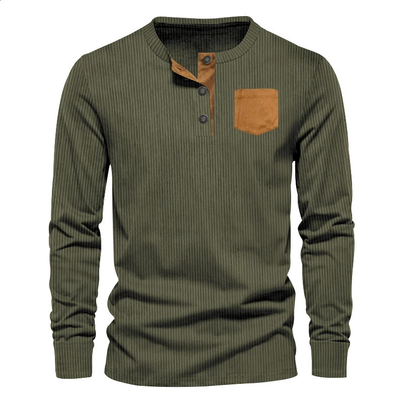Spring Casual Mens Denim Henley Shirt for European and American Foreign Trade Long Sleeve Patch Bag Tshirt 240823