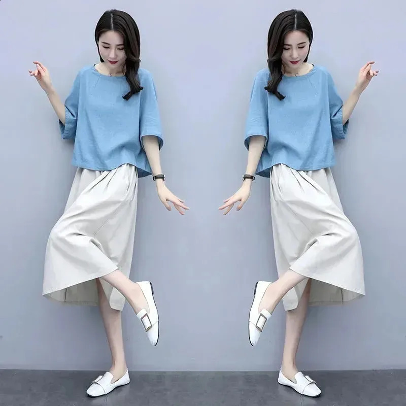 Large Size Outfit Ladies 2PCS Cotton Linen Skirt Suit Women Summer Two-Piece Fashion Bat Sleeve T-Shirt Slimming Set 240823