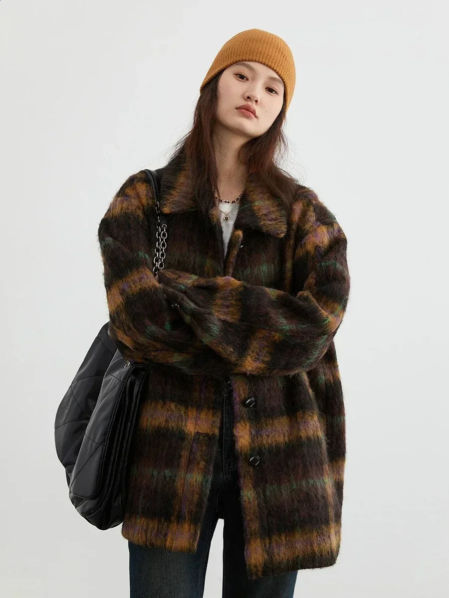 CHIC VEN Women Woolen Coat Loose Casual Single Breasted Vintage Polo Collar Plaid Female Overcoat Autumn Winter 240822