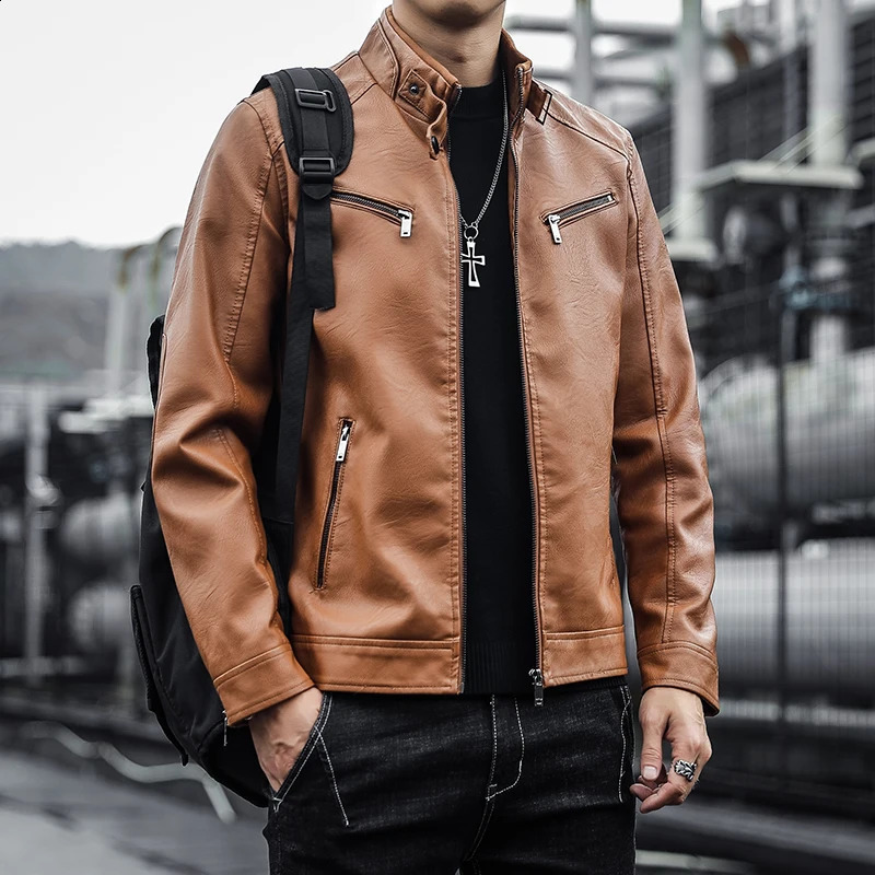 Autumn Men Casual Fashion Stand Collar Slim PU Leather Jacket Solid Color Leather Jacket Men Anti-wind Motorcycle S-4XL 240822