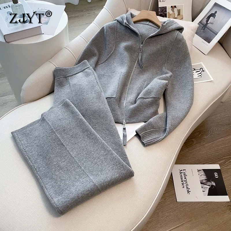 ZJYT autumn and winter knitted hooded sweatshirt pants set 2piece womens zipper sweater mens 240823