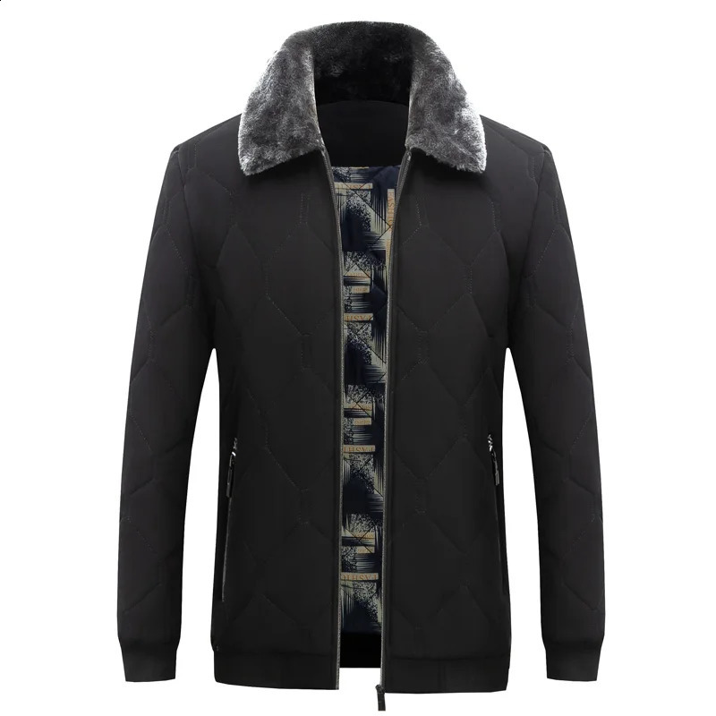 Mens fur collar warm jacket winter park windproof cotton pad thick black mens casual autumn wool 240822