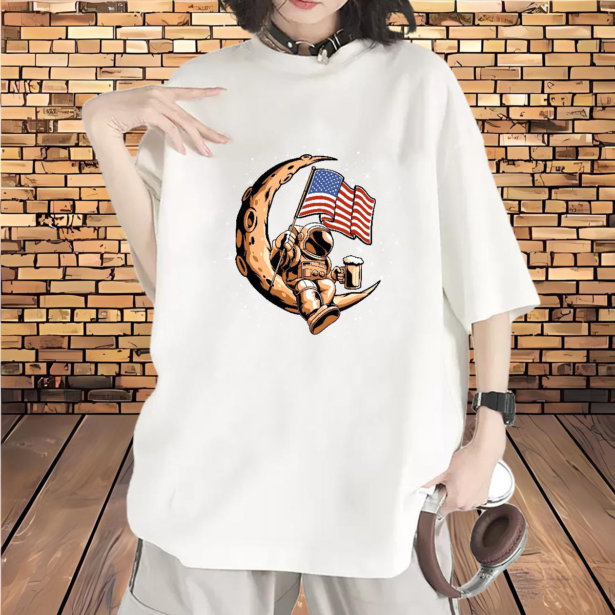 Loose Women Tees 230g Pure Cotton spaceman Daily Outfit Woman T Shirts Breathable DIY Logo Clothes