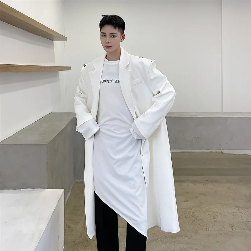 NOYMEI Simple Solid Color Long Coat Mens Shoulder Buckle n Trench Fashion Turn-down Collar Temperament WA641 240822