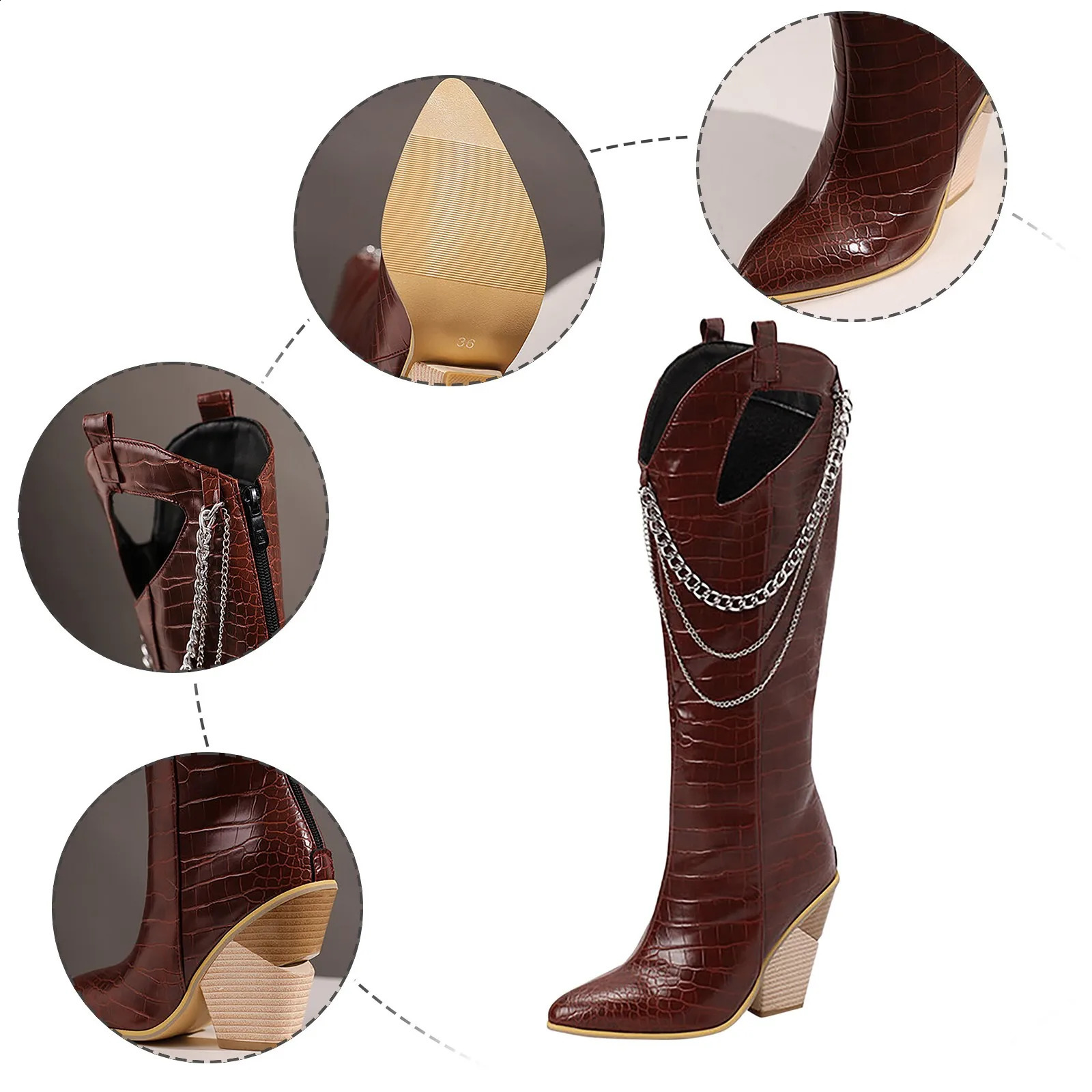 Beautiful Print Western Knee High Boots Calf Chunky Women Chunky Stacked Heel Point Toe Boots Womens Leather Knee High Boots 240823