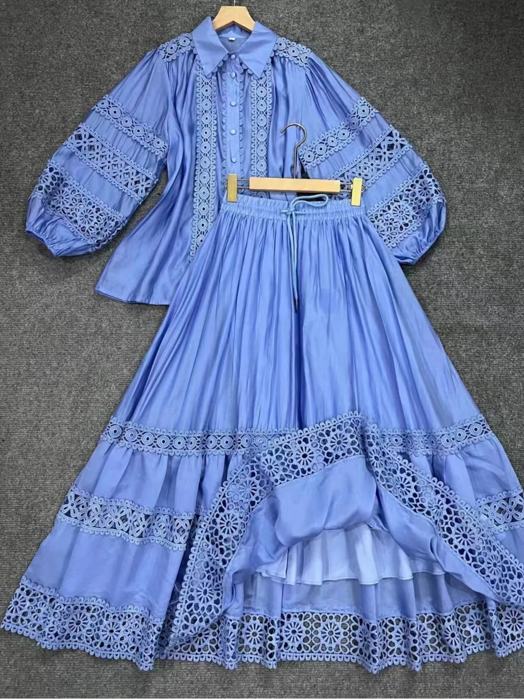 Getspring Women Shirt Skirts Sets Lantern Sleeve Hook Flower Hollow Shirt Tops High Waist Vintage Long Skirts Two-piece Suit 240823