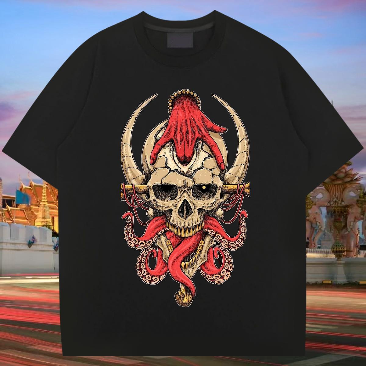 Unisex T-Shirts 230g Cotton skull Street Black White Round Neck Short Sleeve Men Tops Tees Fashion New Tshirts
