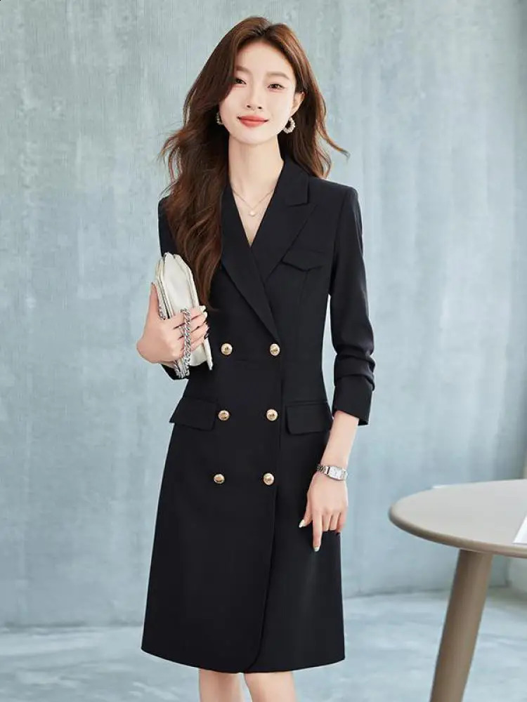 Black Blue Elegant Festival Pleated Blazer Dress Women Spring Autumn Gray Temperament Office Double Breasted Midi Dress 240822