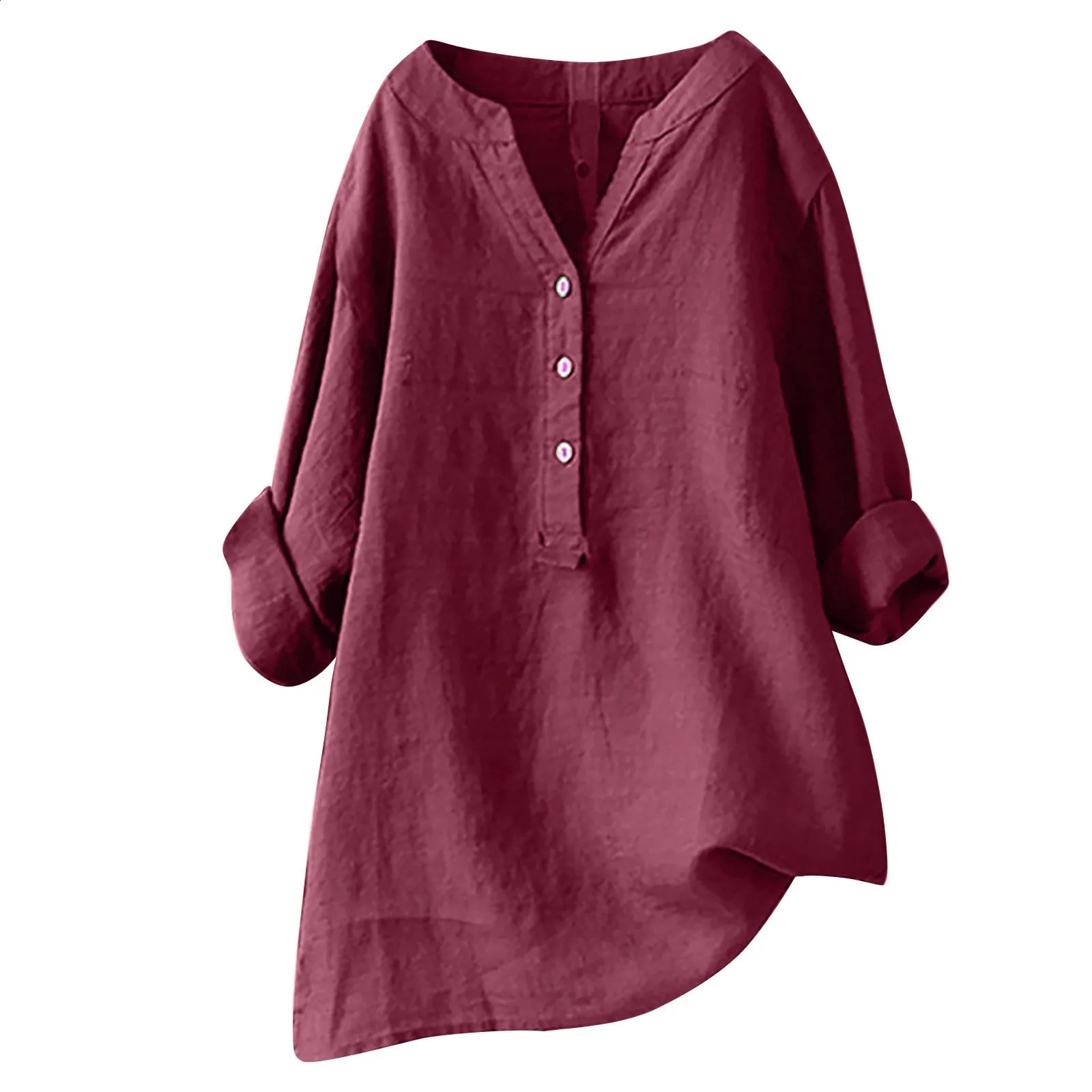 Autumn cotton linen loose shirt button down top vertical solid long sleeved casual womens 240822