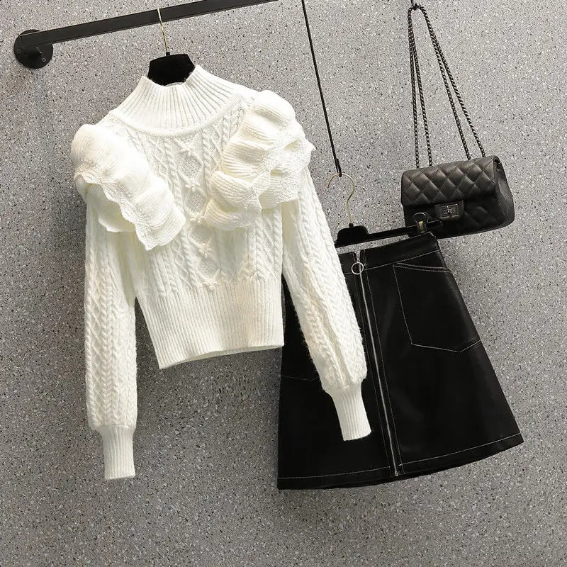 Spring and Autumn Womens Suit Korean Version Fashionable Slim Ruffle Sweater High Waist Skirt Two-piece Set 240823