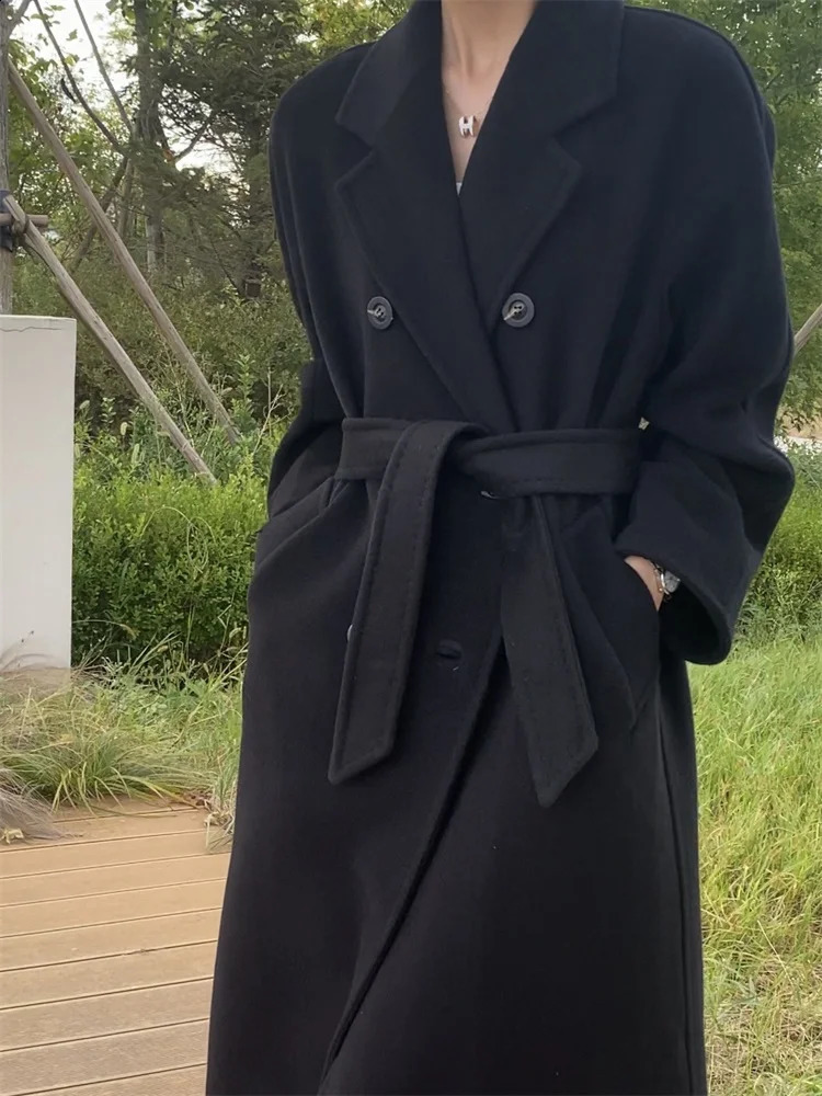 High-end Double-sided Cashmere Coat Women Mid-length Fashion Thick Double-breasted Long Sleeve Woolen Coat Fit Autumn Winter 240822