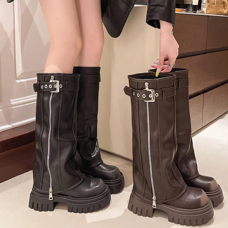 Platform Womens Western Cowboy Boots Fashion Slippery Buckle Long Boots Autumn Winter Womens Bicycle Boots 240823