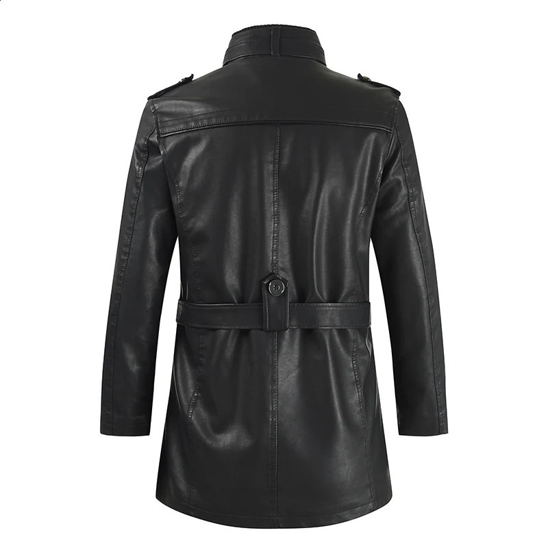 Mens Belt Warm And Windproof PU Jacket Mens Mid-Length Leather Jacket With Stand-Up Collar Plus Velvet Large Size M-4XL 240822