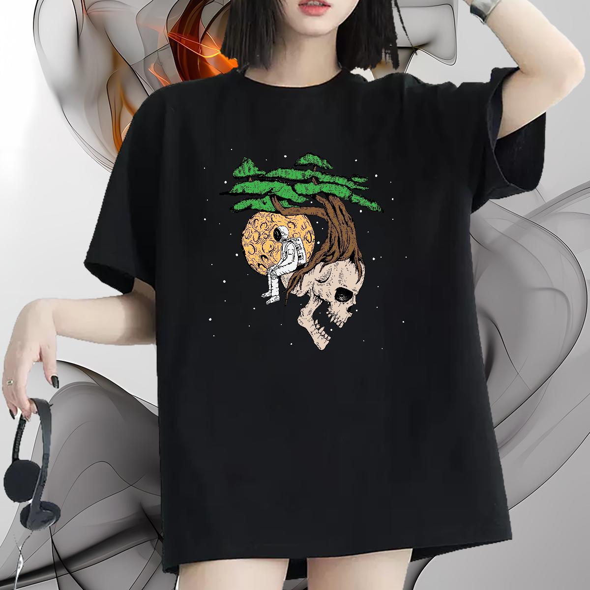 Loose Lady T shirt 230g Pure Cotton cosmonaut Sport Woman T Shirts Breathable Short Sleeve Plus Size Custom Tops Shirt