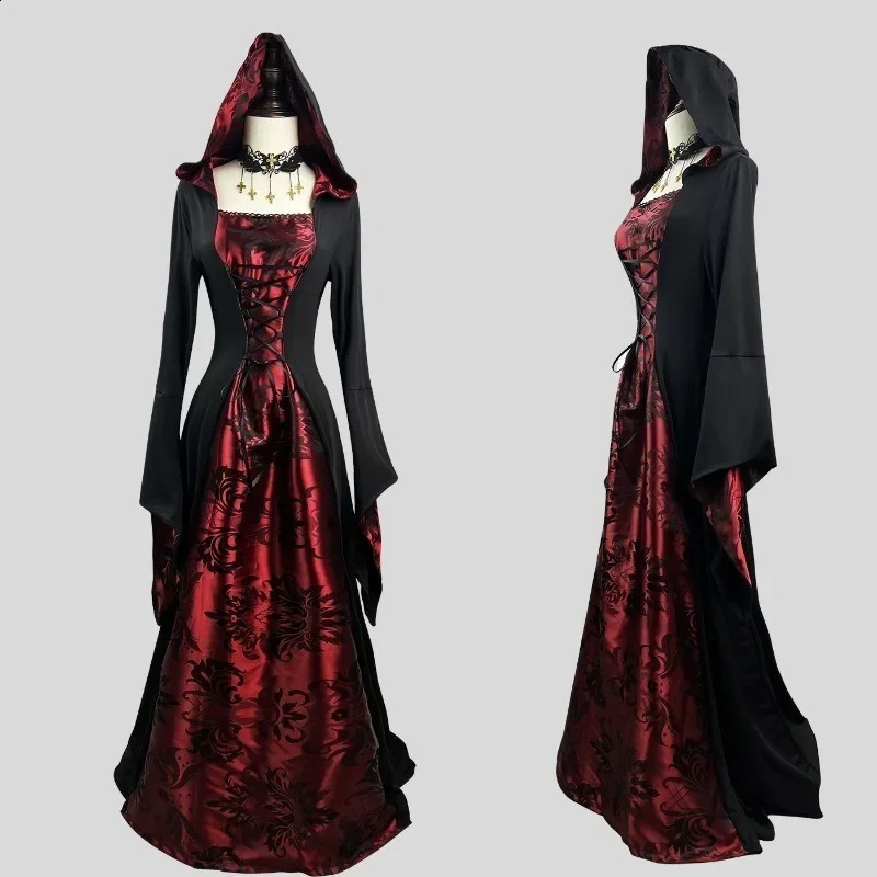 Medieval Renaissance long dress womens Halloween devil pagan witch wedding costume hooded cosplay w240824