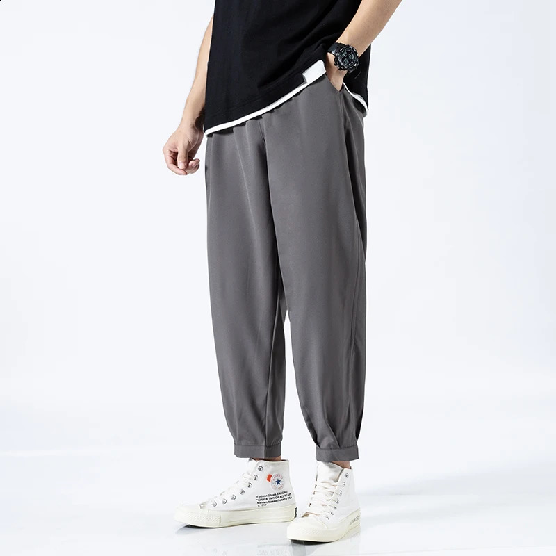 Ice Silk Summer Mens Anklelength Pants Solid Loose Quick Dry Casual Elastic Lightweight Joggers Thin Business 240822