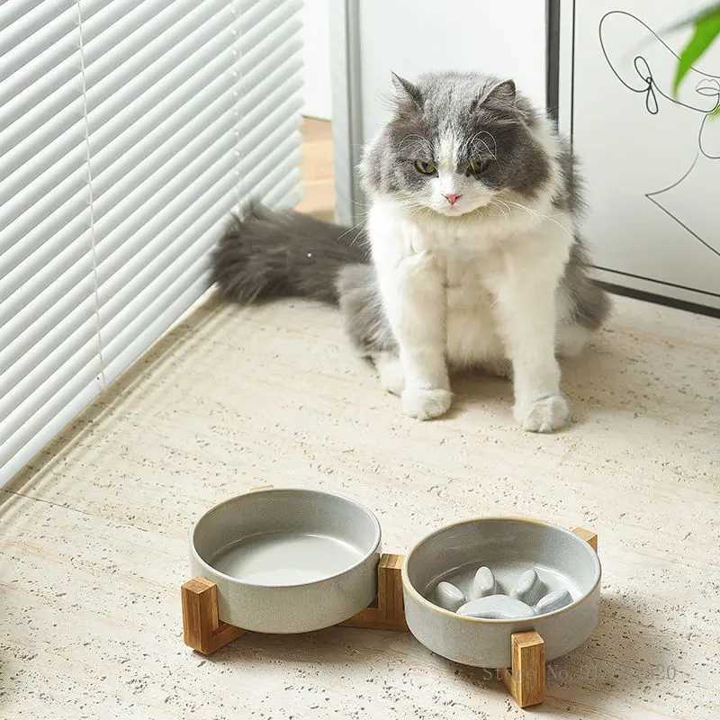 Creative ceramic anti suffocation cat bowl wooden frame slow food food and beverage dual pet supplies 1PcX240823